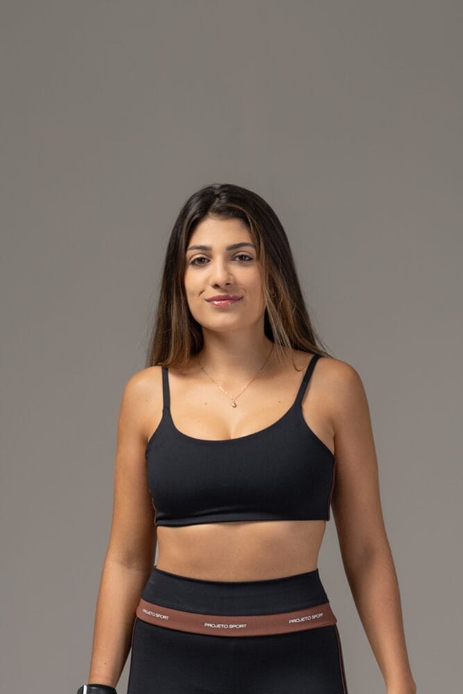 Top preto com viés duplo marrom