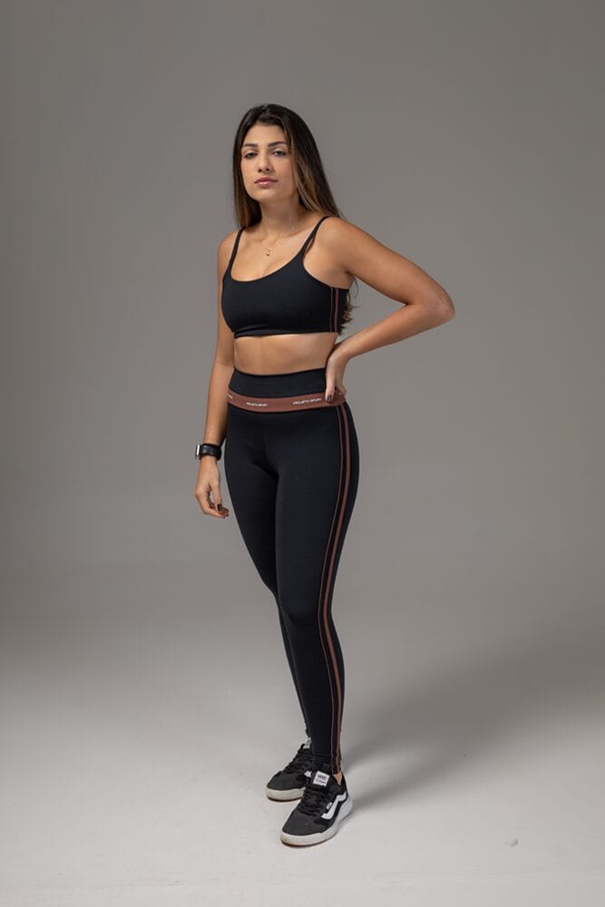 Legging preto com viés duplo marrom