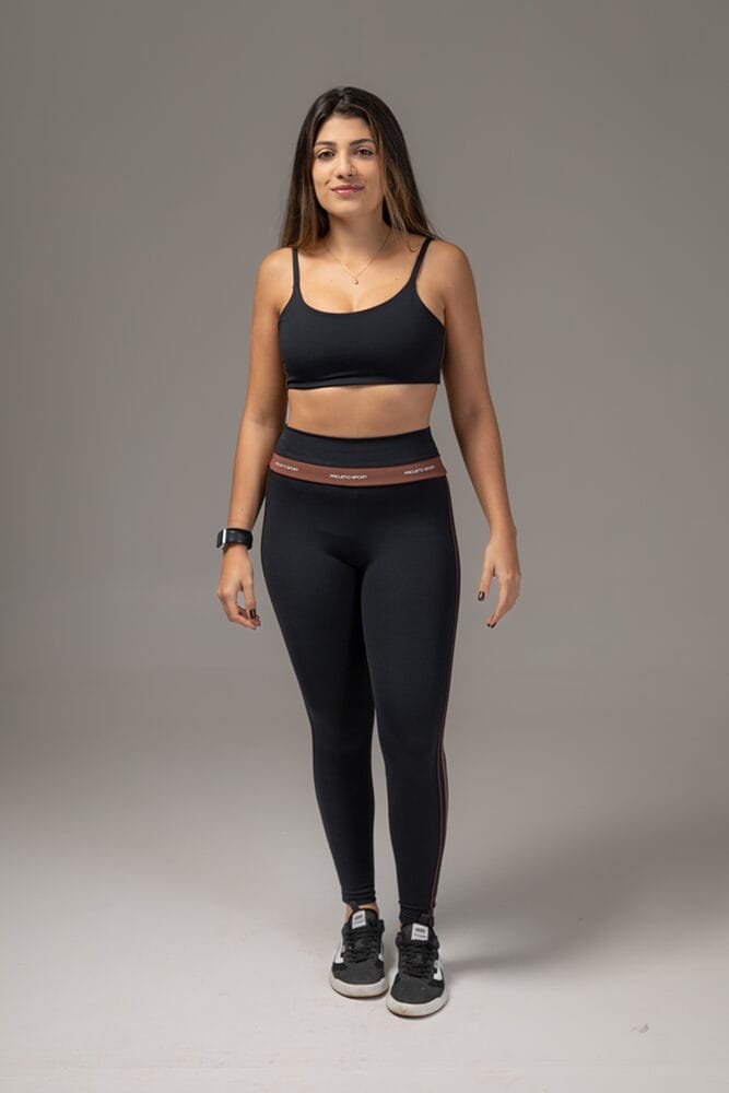 Legging preto com viés duplo marrom