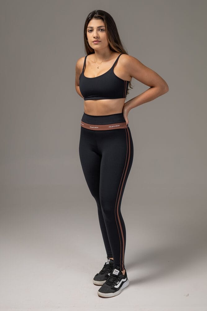 Legging preto com viés duplo marrom