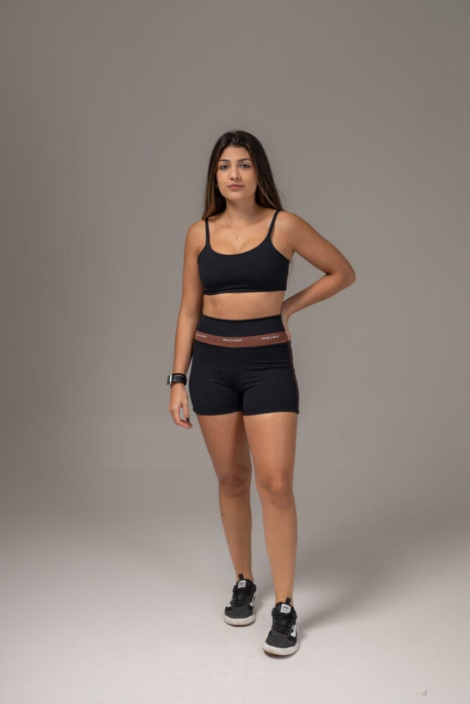 Short cross preto com viés duplo marrom