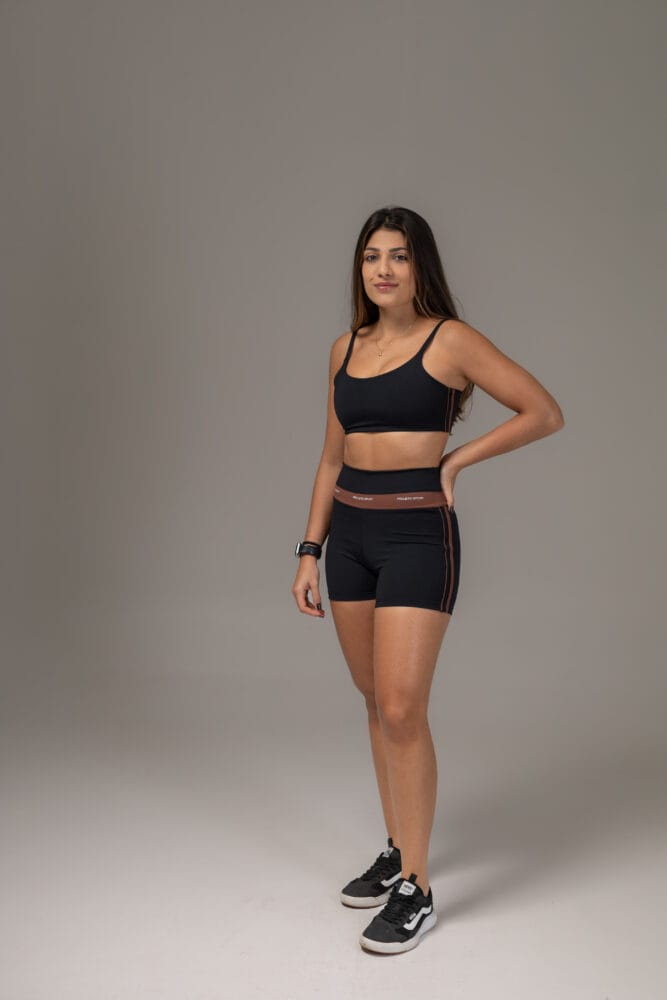 Short cross preto com viés duplo marrom