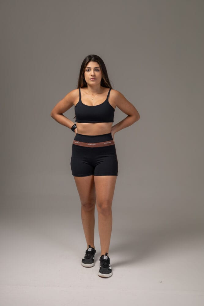 Short cross preto com viés duplo marrom