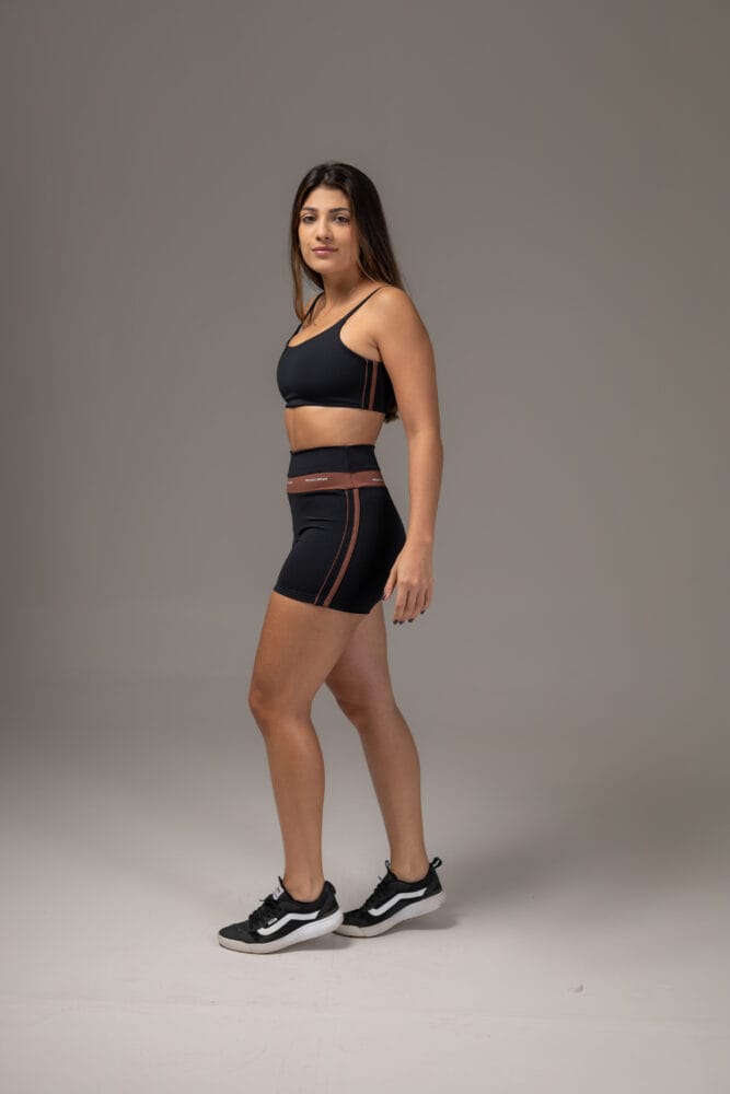 Short cross preto com viés duplo marrom