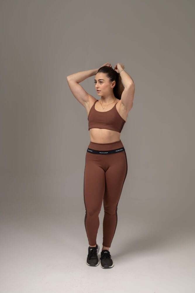 Legging marrom com viés duplo preto