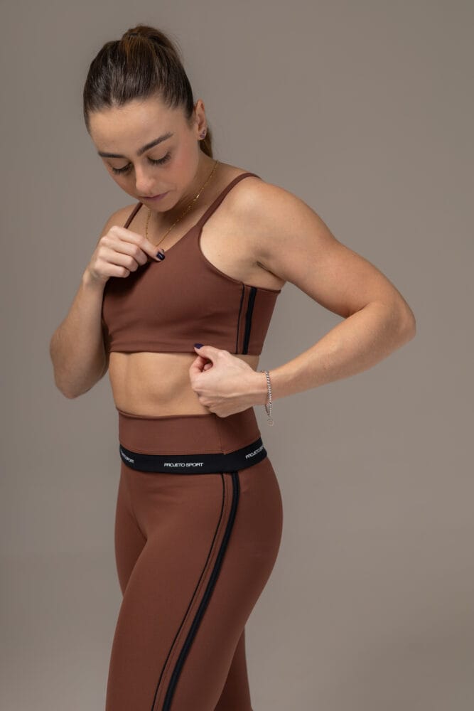 Legging marrom com viés duplo preto