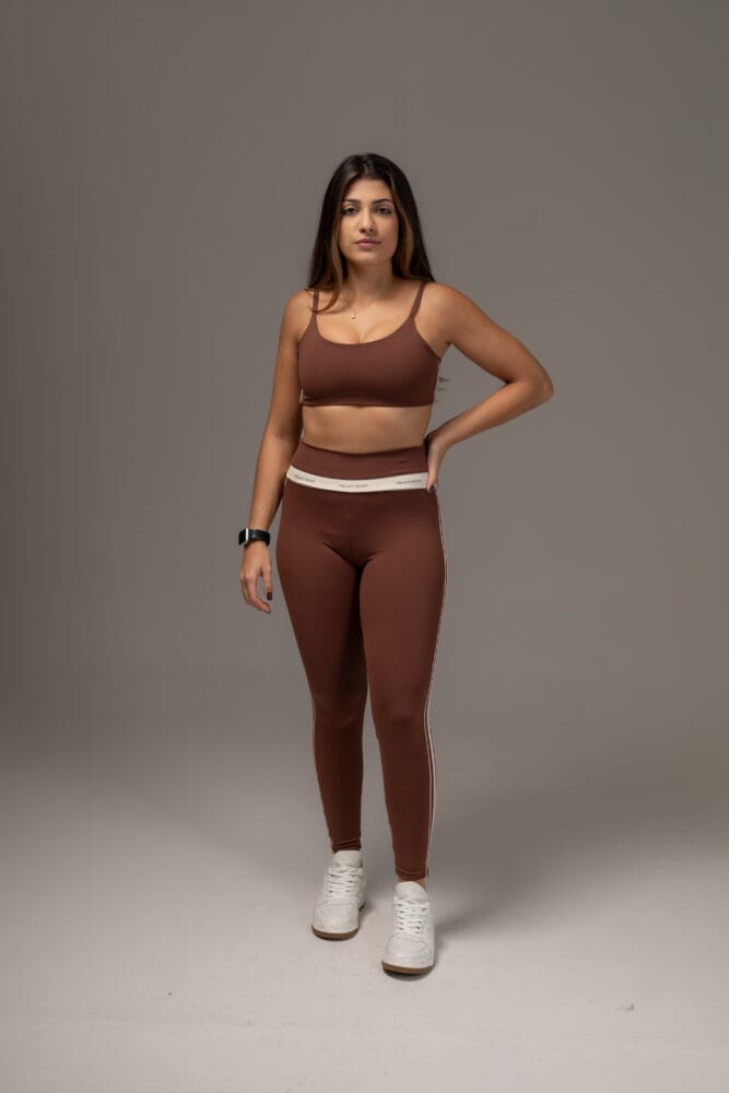 Legging marrom com viés duplo off-white