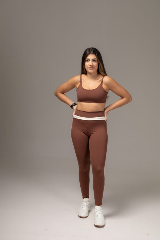 Legging marrom com viés duplo off-white