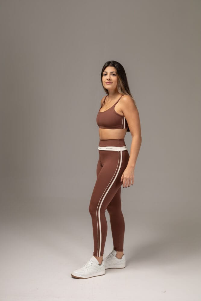 Legging marrom com viés duplo off-white