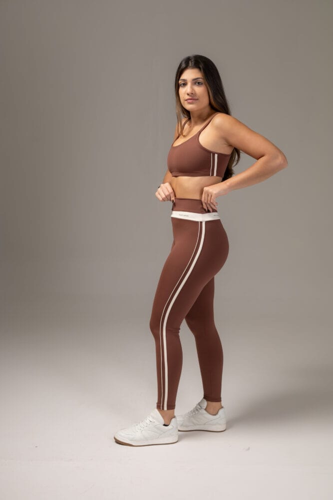 Legging marrom com viés duplo off-white