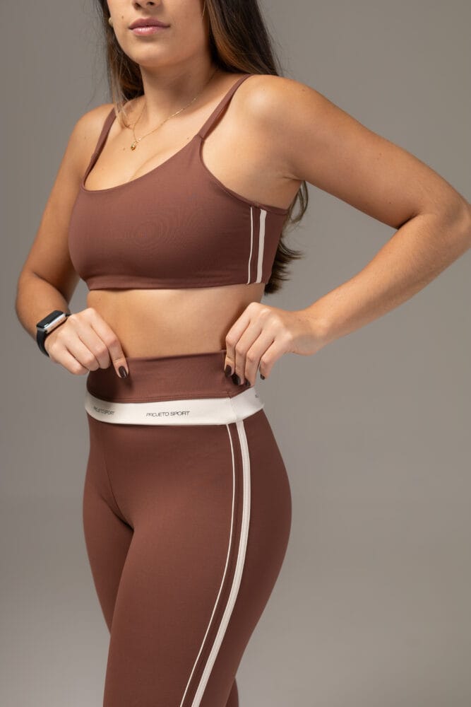 Legging marrom com viés duplo off-white