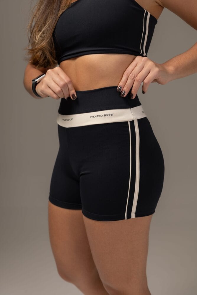 Short cross preto com viés duplo off-white