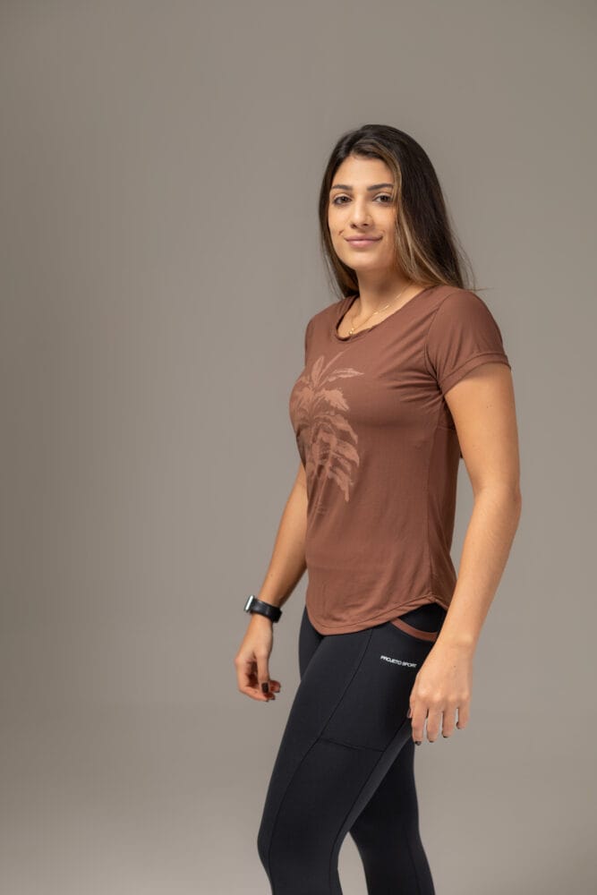 Babylook de poliamida marrom com decote costas