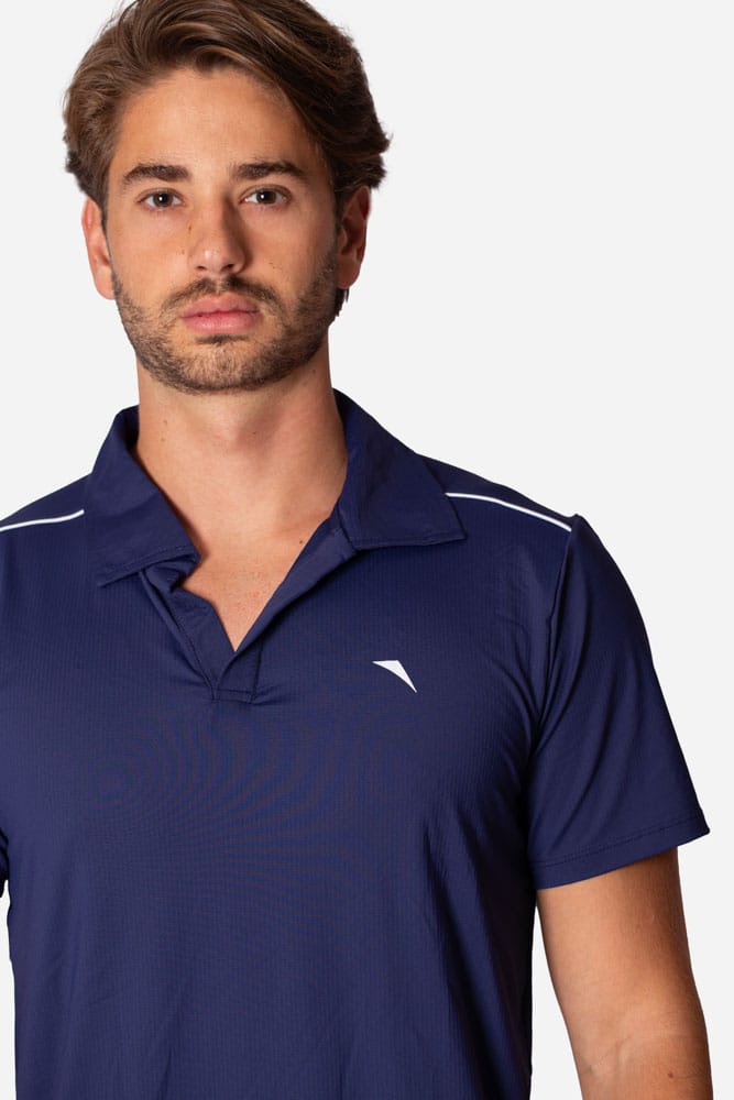 Camiseta polo italiana marinho sem botão e com viés branco