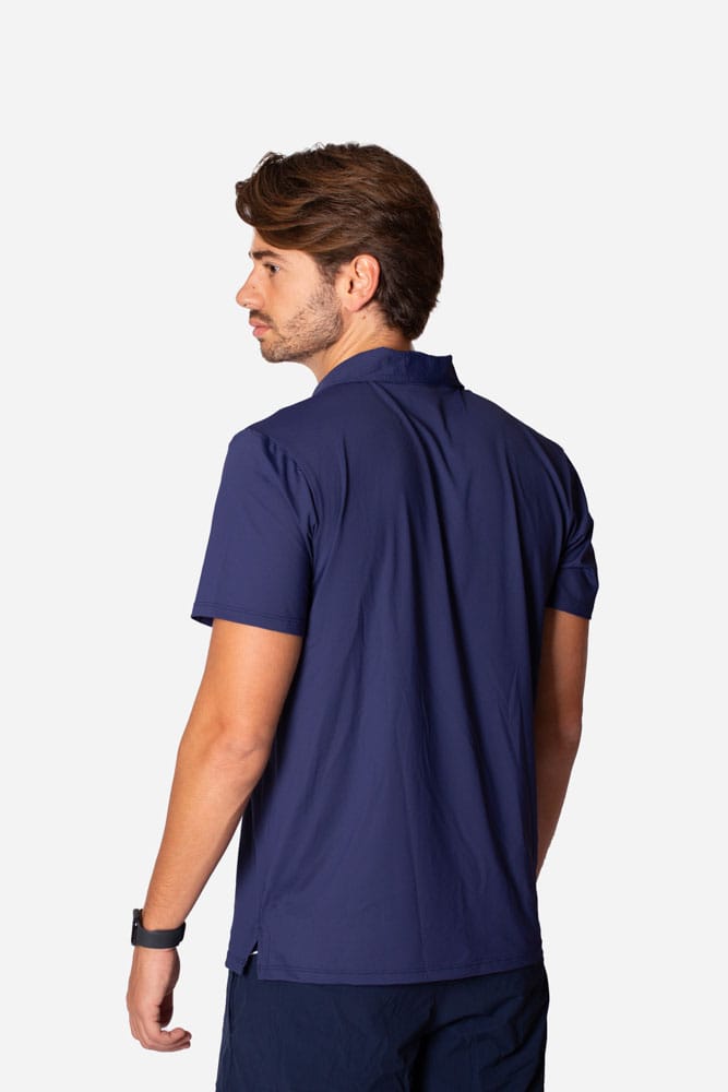 Camiseta polo italiana marinho sem botão e com viés branco