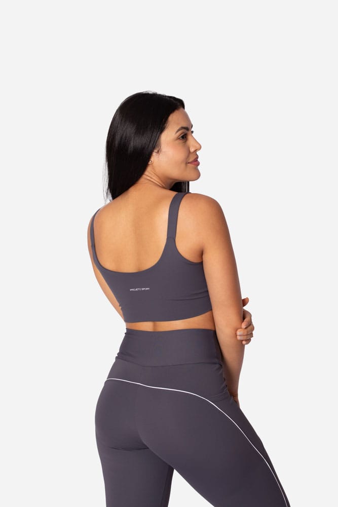 Legging cinza com bolso lateral e viés branco