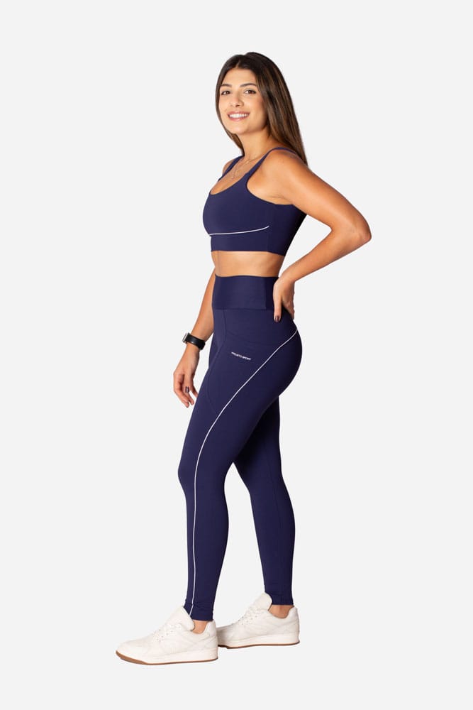 Legging marinho com bolso lateral e viés branco