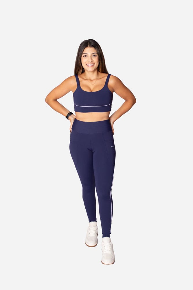 Legging marinho com bolso lateral e viés branco