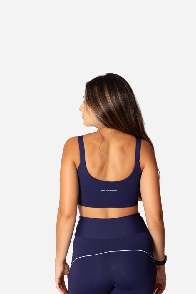 Top marinho de alça larga com viés branco